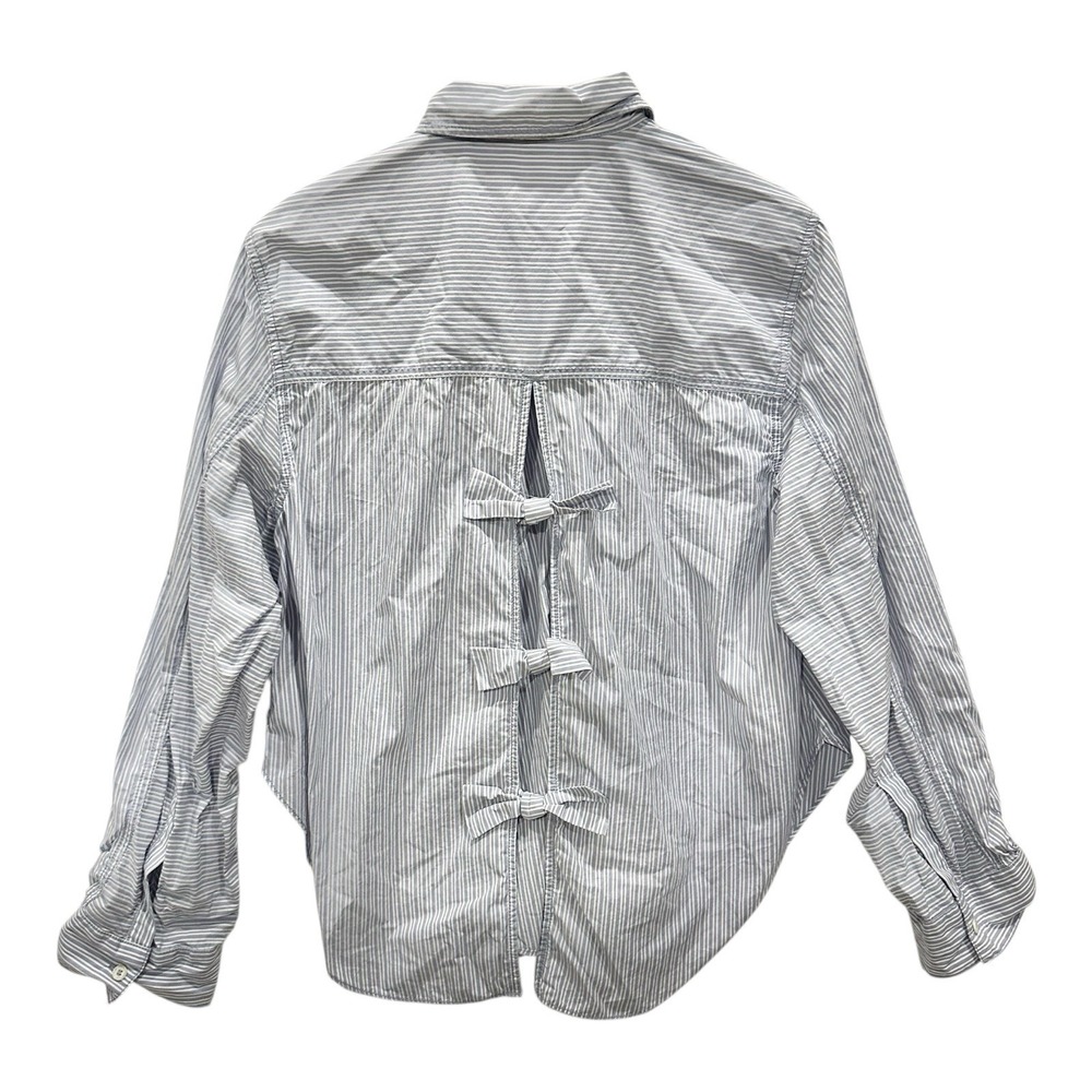 Free People Striped Button Down Shirt XS Blue White Bow Back Long Sleeve